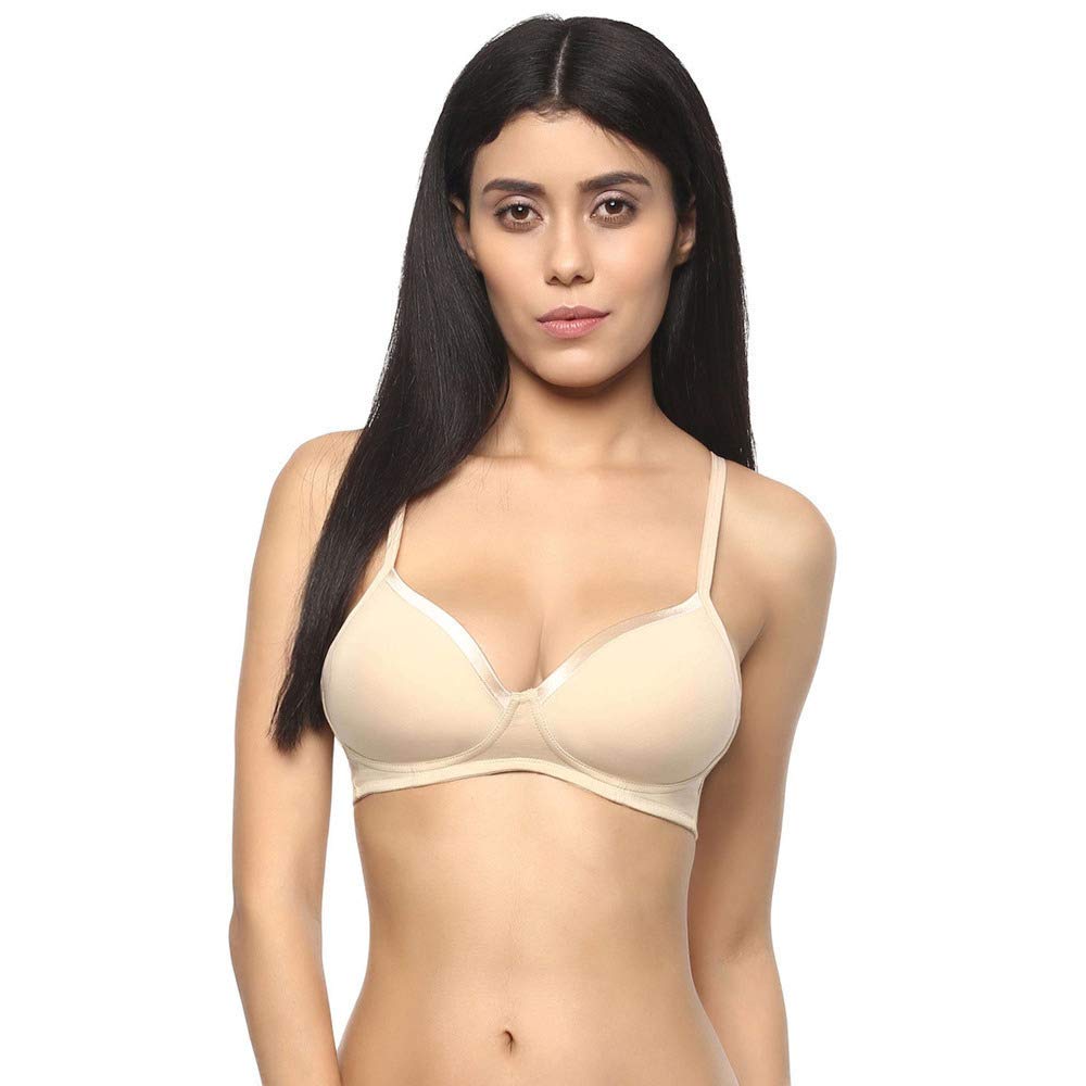 SOIE Women's Solid Semi/Medium Coverage Padded Non-Wired Satin Panelled T-shirt Bra