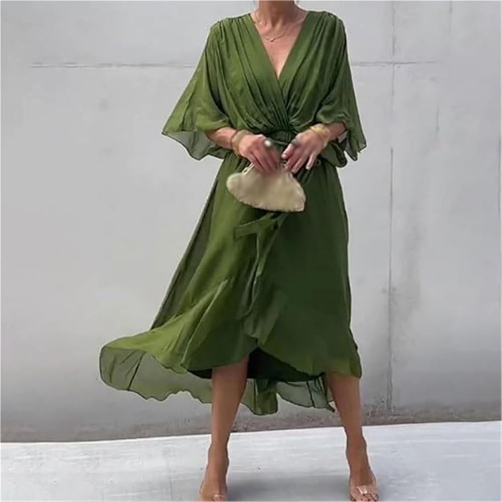 Generisch Keepholdon Elegante y elegante vestido largo con cuello en V, vestido de playa de gasa para mujer, de cintura alta