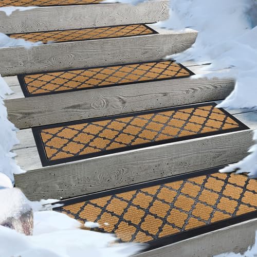 Aucuda Spring Outdoor Stair Treads Non Slip on Wooden Steps(6pcs 8.5' x 30') for Dogs with Rubber Backing, Coco Coir Brown Rug Lattice Staircase Mat Carpet Indoor Farmhouse, Deck, Front Door Steps.