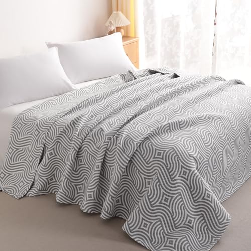 NTBAY King 3 Layer Muslin Cotton Blanket, 106 x 92, Grey Geometric Ripples