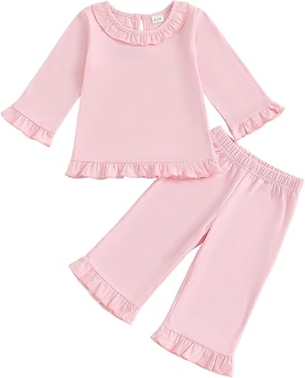 Toddler Girl Spring Fall 2 Piece Outfits Long Sleeve Ruffle Shirt Top Wide Leg Pants Set Solid Color Tracksuit