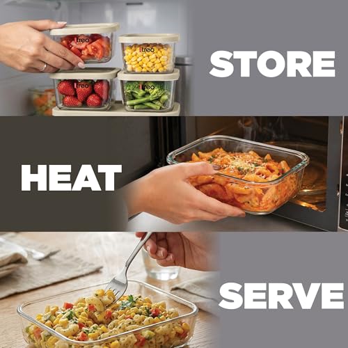 Image of Treo By Milton Nutri Borosilicate Glass Containers for Fridge Storage Set of 6 (1 x 1200ml, 1 x 750ml, 2 x 520ml, 2 x 310ml) Stackable Glass Container with Lid, Microwave & Dishwasher Safe, Beige
