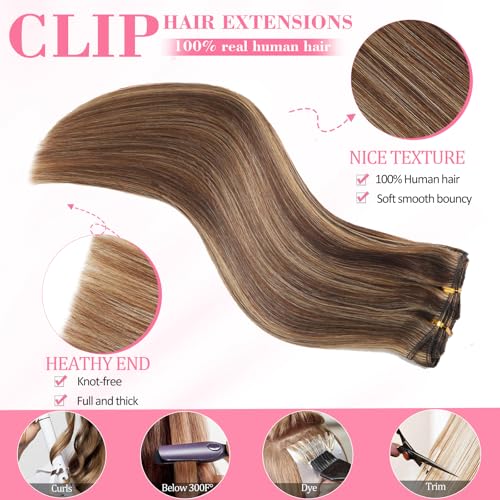 Image of Clip in Hair Extensions Real Human Hair Chocolate Brown Highlight for Women | Seamless Balayage 100% Human Hair Extensions Clip ins Invisible Straight 8Pcs Double Weft No Tangle , No Shedding 14inch 80g
