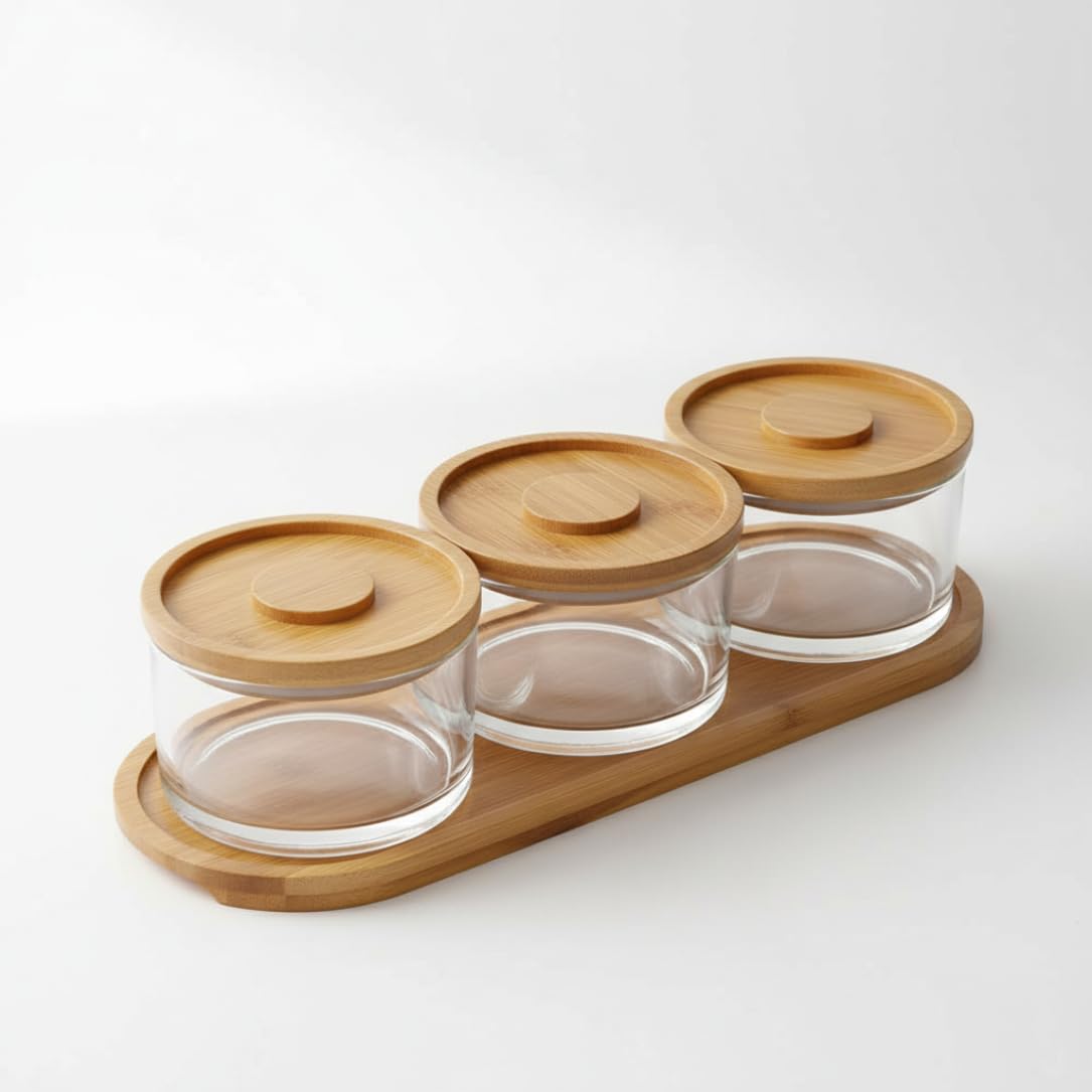 Chip- und Dip-Schüssel-Set – 4-teiliges Dipschalen aus Glas mit Deckel & Bambus-Serviertablett für Vorspeisen und Snacks, perfekt für Partys und Küche