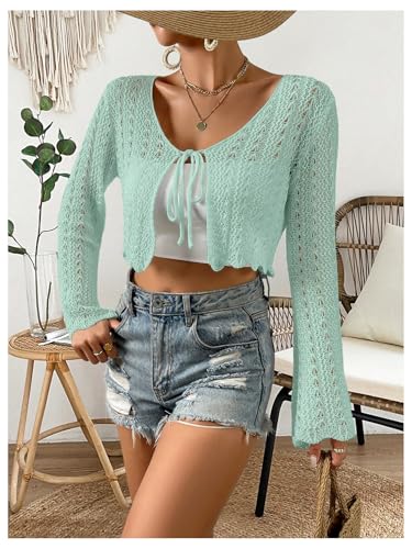 Image of SHENHE Women's Tie Front Cardigan Trumpet Sleeve Pointelle Knit Crop Tops