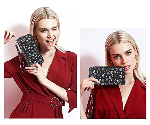 Image of Checkered Cow Print Wallet For Women Skull Goth Frog Butterfly Turtle Ladies Cluth Wristlet Wrist Strap Long Purse Zip Around Card Holder