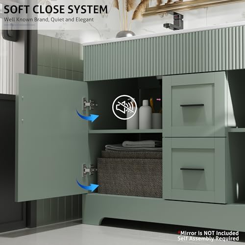 Image of eclife 48 inch Bathroom Vanities Sink Combo with Painted Surface, Modern Drawered Cabinet W /Decorative Wave Lines, Undermount Double White Sink, Matte Black Faucet Drain, Gray Green