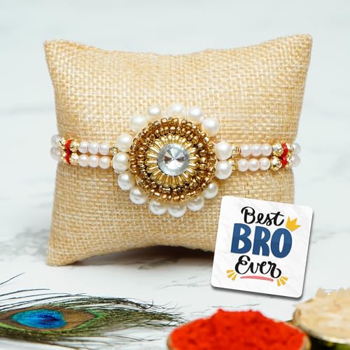 Image of eCraftIndia Pearl Designer Rakhi for Brother with Best Bro Ever Fridge Magnet & Roli Chawal Pack | Raksha Bandhan Rakhi for Bhaiya Bhai |