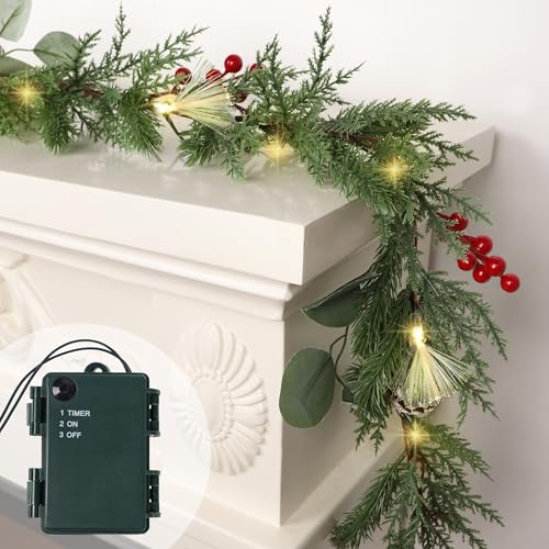Dr.Dudu GM-YY-XTT24 Christmas Garland Decorations, 6Ft Garlands With Lights Timer Indoor Decoration Pre-Lit Green Garland cover
