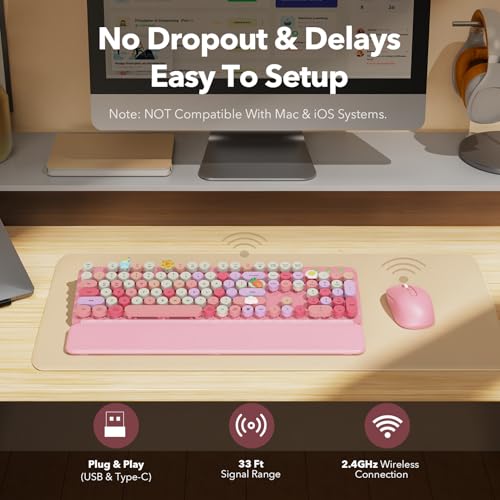 Image of Wireless Keyboard and Mouse Combo, Cute Retro Typewriter Keyboard with Round Keycaps, Full-Size Aesthetic Keyboard with Magnetic Wrist Rest, 2.4GHz USB for Windows /Mac Desktop Laptop(Pink Multi-Color)
