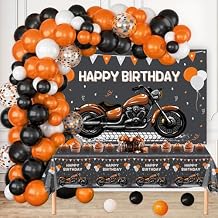 MEHOFOND Motorcycle Birthday Decorations for Boys Orange Black Balloon Arch Kit Happy Birthday Banner with Plastic Tablecloth Motocross Racing Balloon set Dirt Bike Birthday Party Decoration
