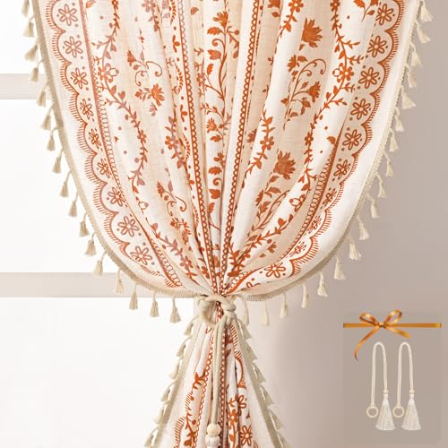 Image of Yinhua Boho Curtains for Living Room 84 Inch Length Vintage Linen Curtains for Bedroom Light Filtering Floral Window Curtain Rod Pocket & Back Tabs Rustic Tassel Drapes with Tiebacks, White Orange