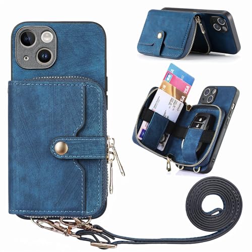 Étui portefeuille en cuir bleu pour iPhone 15 avec clapet magnétique de 6,1 pouces