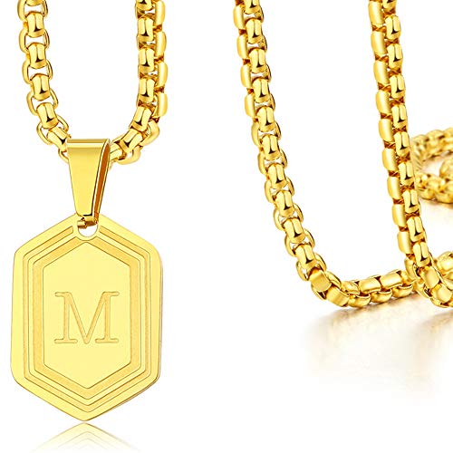 WELRDFG Initial Letter Pendant Mens Necklace Womens Capital Letter Yellow Gold Plated A-Z Stainless Steel Box Chain 24 inch (Letter M, 18K Gold Plated)