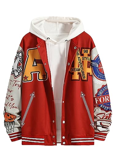 WDIRARA Men's Letter Graphic Baseball Jacket Striped Trim Drop Shoulder Long Sleeve Varsity Outerwear Without Hoodie