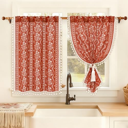 Yinhua Boho Kitchen Curtains 36 Inch Length Vintage Linen Burnt Orange Cafe Curtains Light Filtering Floral Tier Rod Pocket Farmhouse Rustic Tassel Terracotta Small Drapes with Tiebacks 2 Panels