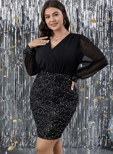Image of RED DOT BOUTIQUE - 807 - Black Sheer Mesh Long Sleeves Club Sequins Dress Plus Size