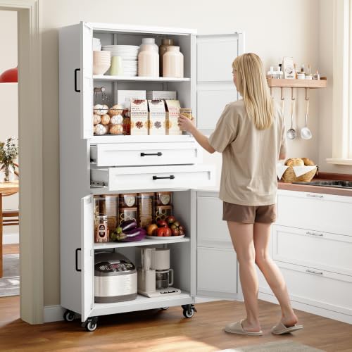 Image of White Metal Garage Storage Cabinet Rolling Kitchen Storage Pantry Cabinet