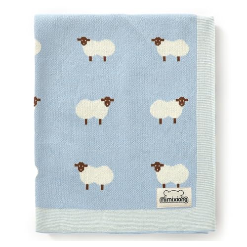 Image of mimixiong Baby Blanket Knit 100% Cotton Toddler Blankets for Boys and Girls with Cute Sheep Size 30 x 40 inches Blue