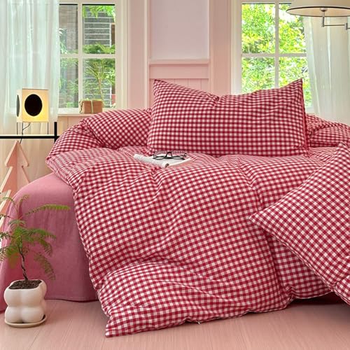 Image of LifeTB Queen Comforter Set Red Gingham Comforter Modern Style Plaid Boho Comforter Set 3 Pieces Fluffy Grid Checkered Comforter with 2 Pillowcases Farmhouse Gingham Bedding Set Queen Size