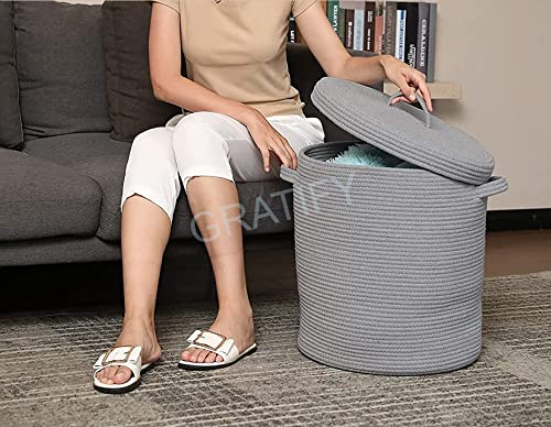 Image of Mansa Traders 12 inch x 12 inch x 14 inch Large Storage Basket with Lid, Cotton Rope Storage Baskets, Laundry Hamper, Toy Bin, Toys Blankets Pillows Storage in Living Room Baby Nursery,Grey Stiches with Cover