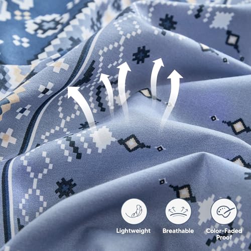 Image of Lekesky Boho Duvet Cover Queen Size, Blue Comforter Cover Queen Size White Geometric Floral Printed Duvet Set, 3 Pieces Soft Microfiber Bedding Set with Zipper Ties (Queen, 90 inchx90 inch)