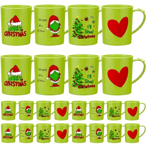 Suclain 24 Pcs Christmas Plastic Mugs Bulk 15 oz Stole Christmas Mugs With Handle Lime Green I'll Steal Christmas Cups Santa Christmas Trees Holiday Mugs for Winter Christmas Party Supplies