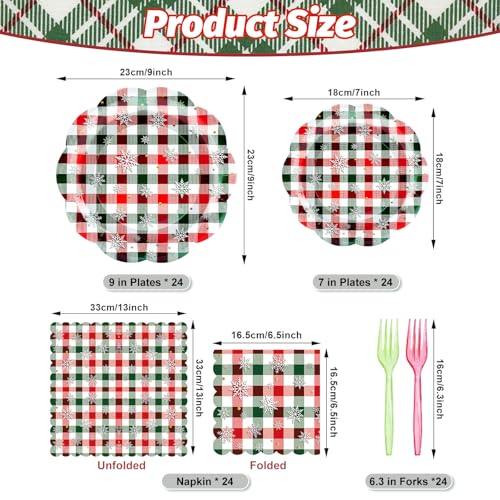 96 Pieces Christmas Plaid Tableware Set – Red and Green Checkered Disposable Plates, Napkins, and Forks with Snowflake Design for Holiday Parties, Winter Birthdays, and Seasonal Events – Image 3