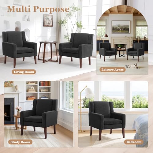 Image of Accent Chairs Set of 2, Mid-Century Reading Chair with Wood Legs, Upholstered Comfy Living Room Chair for Bedroom, Apartment, Waiting Room, Dark Grey
