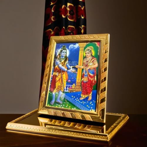 Image of Rhaa Lord Shiva with Mata Annapurna Sacred Acrylic Rectangulartabletop, wall mount Photo Frame | Blessed from Kashi Temples | Ideal Spiritual Gift for Home, Kitchen & Ann Bhandar | Golden, (20x16)CM