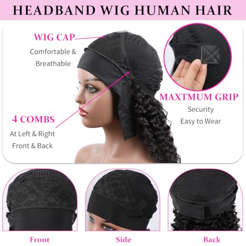Image of Kinky Curly Headband Wig Human Hair 26 Inch Natural Wigs for Black Women | Glueless None Lace Front Wig, Brazilian Virgin Hair, 200% Density, Machine Made Curly Headband Wig, Wear and Go