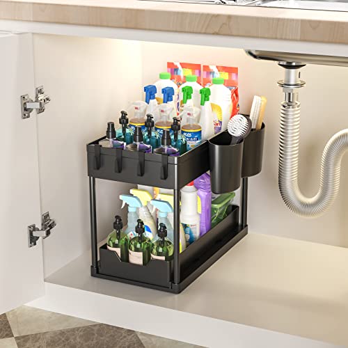 Yacatam Under Sink Organizers And Storage, Bathroom Organizers And Storage Under Sink With Sliding Drawer, Under Cabinet Organizers With Hooks And Hanging Cups For Bathroom, Kitchen (2 Pack - Black) #TOP4