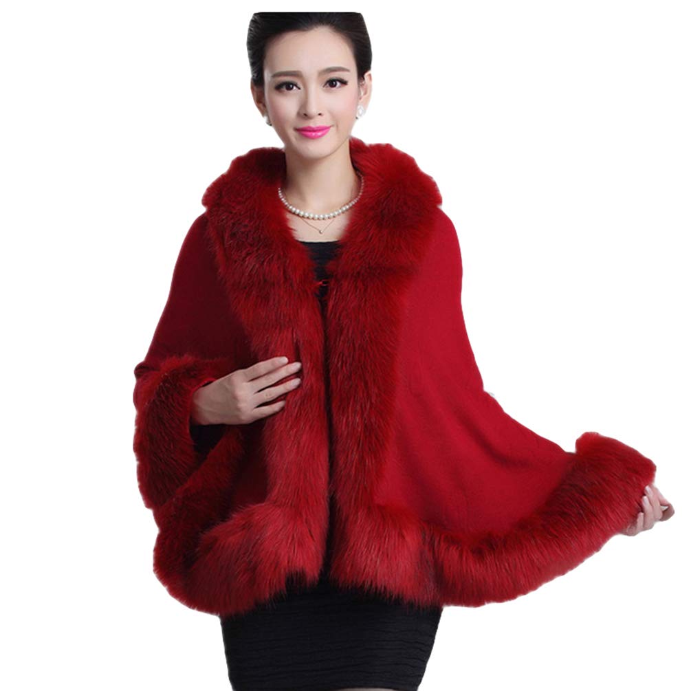 Zkooo Women's Wine Red Faux Fur Winter Warm Cardigan Poncho Thick Wrap Shawl Cloak Coat Luxurious Sweater Cape Outerwear Overcoat For Wedding Evening Party