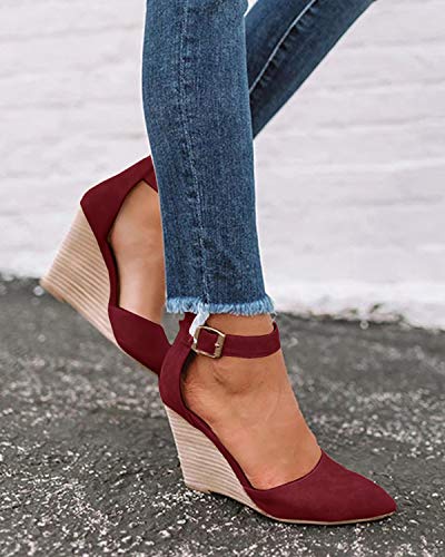 Womens Ankle Buckle Strap Wedge Sandal D'orsay Pointed Toe Cut Out Stacked High Heel Summer Dress Pumps #TOP6