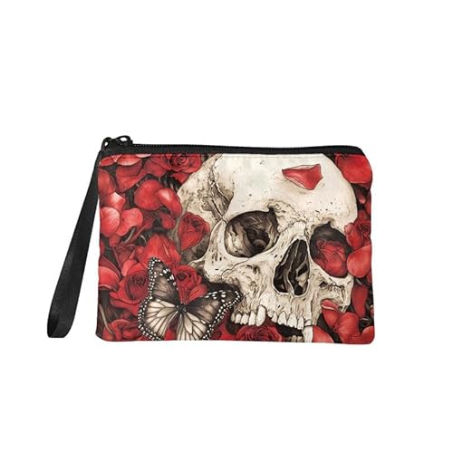 Piccolo portafoglio portamonete casual per lo shopping da viaggio porta carte da donna mini borsa per il cambio per il trucco Teschio con rose Portamonete