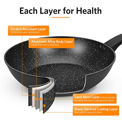 12” Stir Fry Pans with Lids, Nonstick Wok Pan with Ergonomic Handle and Flat Bottom, Frying Skillet with APEO & PFOA-Free Stone-Derived Non Stick Coating, CSK Frying Pan