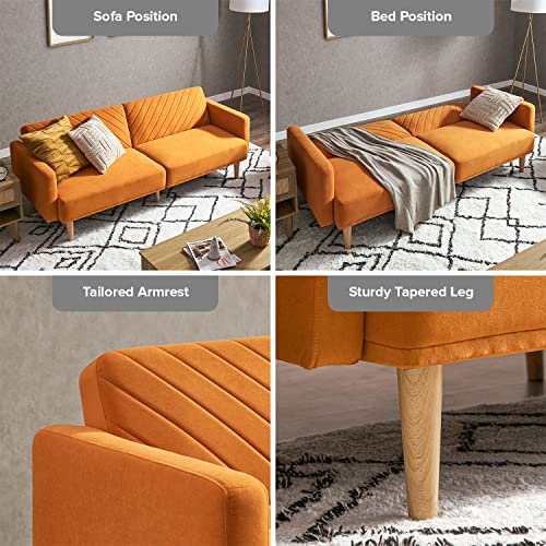 Mopio Chloe Futon Sofa Bed, Convertible Sleeper Sofa With Tapered Wood Legs, 77.5" W, Small Splitback Sofa For Living Room, Twin (Chloe, Apricot Velvet) #TOP5