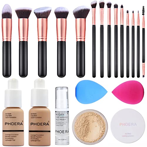 PHOERA Foundation, Full Coverage Foundation, PHOERA Primer, PHOERA Powder, 14 Pcs Makeup Brushes for Foundation Powder Concealers Eye Shadows Makeup ,2 Pcs Makeup Sponge(Buff Beige #104 + Sand #105) PHOERA Foundation, Full Coverage Foundation, PHOERA Primer, PHOERA Powder, 14 Pcs Makeup Brushes for Foundation Powder Concealers Eye Shadows Makeup ,2 Pcs Makeup Sponge(Buff Beige #104 + Sand #105)