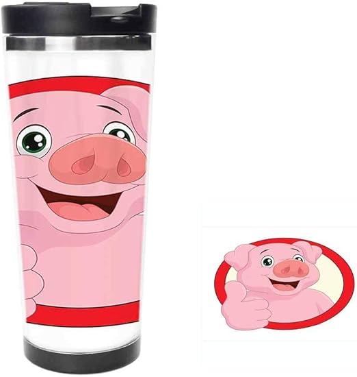 Amazon 円形フレームの動物イラストを親指で豚マスコット 水筒 魔法瓶 真空断熱ボトル 保温保冷 ステンレス 二重構造 直飲み スポーツボトル ステンレスボトル 旅行 14oz400ml 水筒 マグボトル オンライン通販