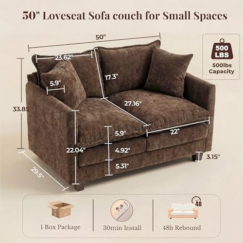 Image of Loveseat Sofa with Cloud 3-Layer Cushion & 27 inch Deep Seat, Modern Love Seat Small Couch with 2 Washable Pillows for Small Spaces, Bedroom, Apartment, Office, Living Room, in a Box, 50-Inch Cocoa Brown