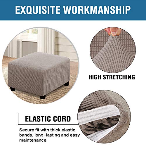 Image of H.VERSAILTEX Square Ottoman Covers Ottoman Slipcovers Folding Storage Stool Furniture Protector Form Fit with Elastic Bottom, Stretch High Spandex Small Checks Jacquard Fabric(Medium,Taupe)