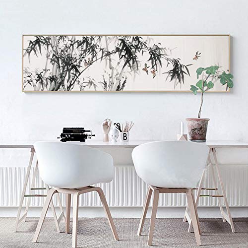 Peinture chinoise oiseaux et bambou affiche murale salon zen 30x90