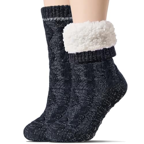 Image of Slipper Socks for Women with Grippers Non Slip, Sherpa Lined Slipper Socks