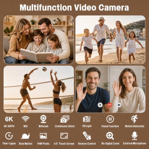 Image of Camcorder Video Camera Ultra 6K 64MP Vlogging Camera for YouTube | IR Night Vision,18X Digital Zoom, 4.0 Inch Touch Screen with WiFi, Microphone, Remote Control, 64GB SD Card,Stabilizer