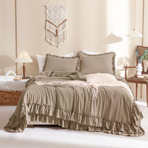 Image of QSH Ruffled Comforter Set King Size,3PCs Light Taupe Shabby Boho Chic Bedding Comforter Sets King, Ultra Soft Farmhouse Lightweight Microfiber Inner Fill Bed Comforter Set