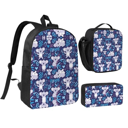 Cartable koala 3 en 1 avec sac repas et trousse noire pour l'école