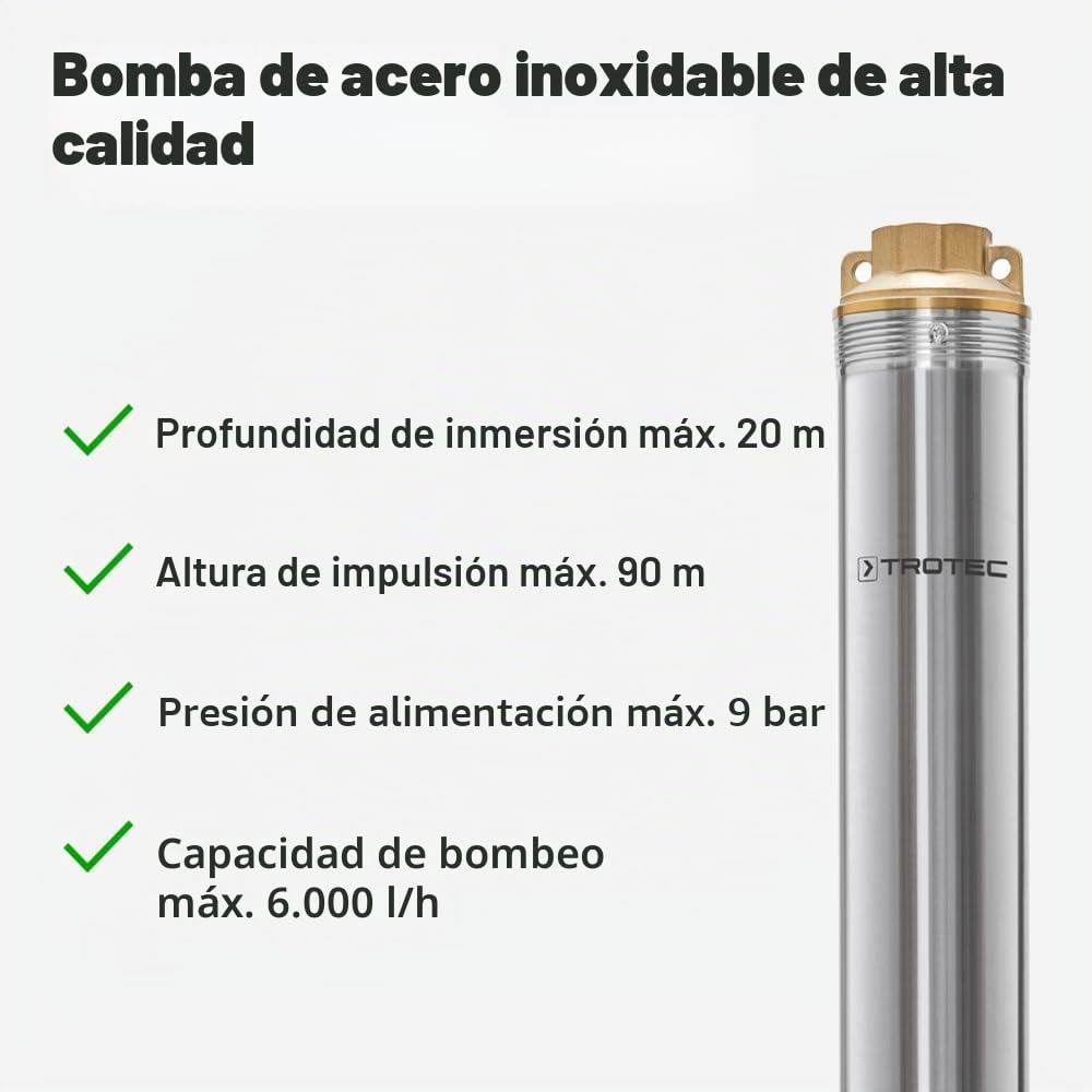 TROTEC Bomba de pozo profundo TDP 7501 E – Bomba de agua con caudal 6000 l/h, 1100 W – Altura de extracción 90 m, diámetro 8,6 cm, IP68 para bomba, bomba de acero inoxidable