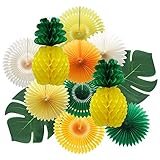 MEIDUO Summer Pineapple Party Decoration, Hawaiian Party Supplies Tropical Palm Leaves Honeycomb Pineapple Hanging Paper Fans for Adults Kids Birthday Baby Shower Bachelorette (Yellow)