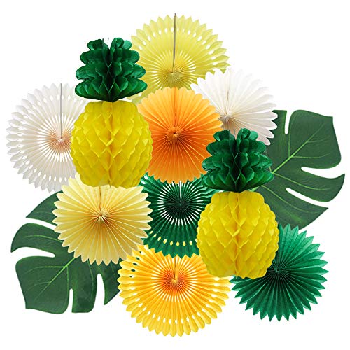 Image of MEIDUO Summer Pineapple Party Decoration, Hawaiian Party Supplies Tropical Palm Leaves Honeycomb Pineapple Hanging Paper Fans for Adults Kids Birthday Baby Shower Bachelorette (Yellow)