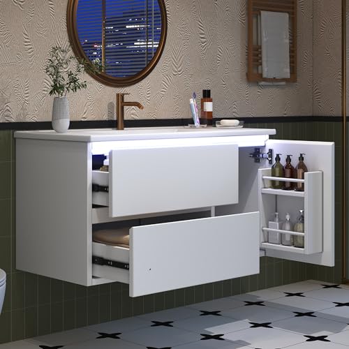 MURUL Armario para lavabo colgante de pared, 91,5 × 46,5 × 50,5 cm, color blanco, lacado de alta calidad, lámpara LED con sensor de radar, compartimento de almacenamiento en la puerta, dos cajones